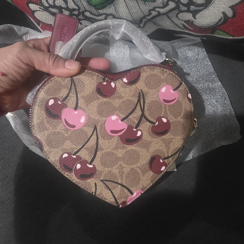 Coach Heart-Shaped Bag with Cherry Print - Brown and Pink - Picture 2 of 7